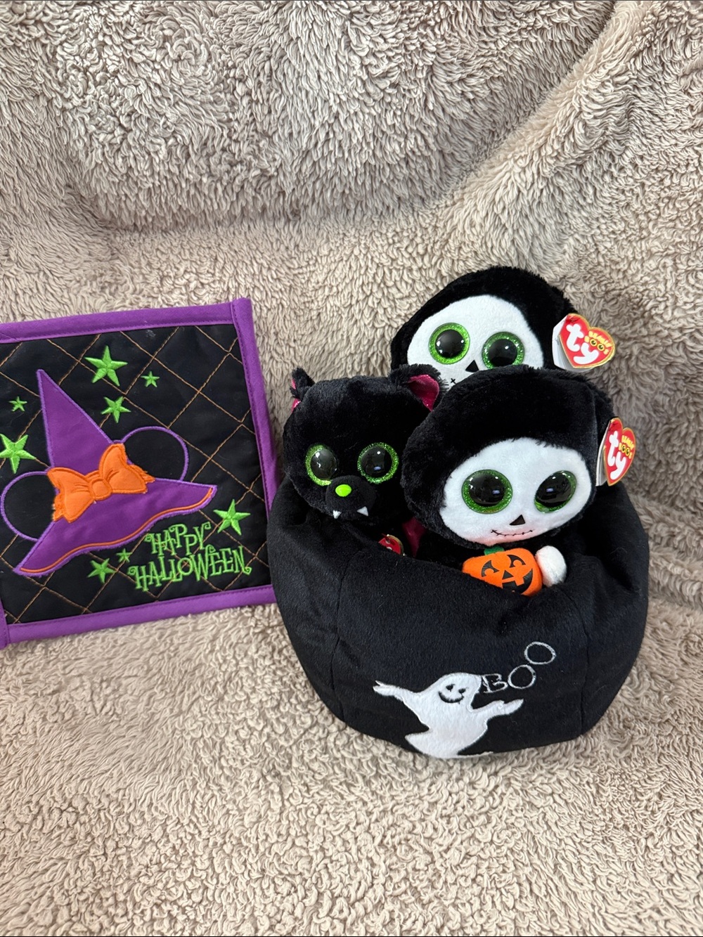 TY 3 Halloween Plush with Black Plush Basket and Disney Potholder